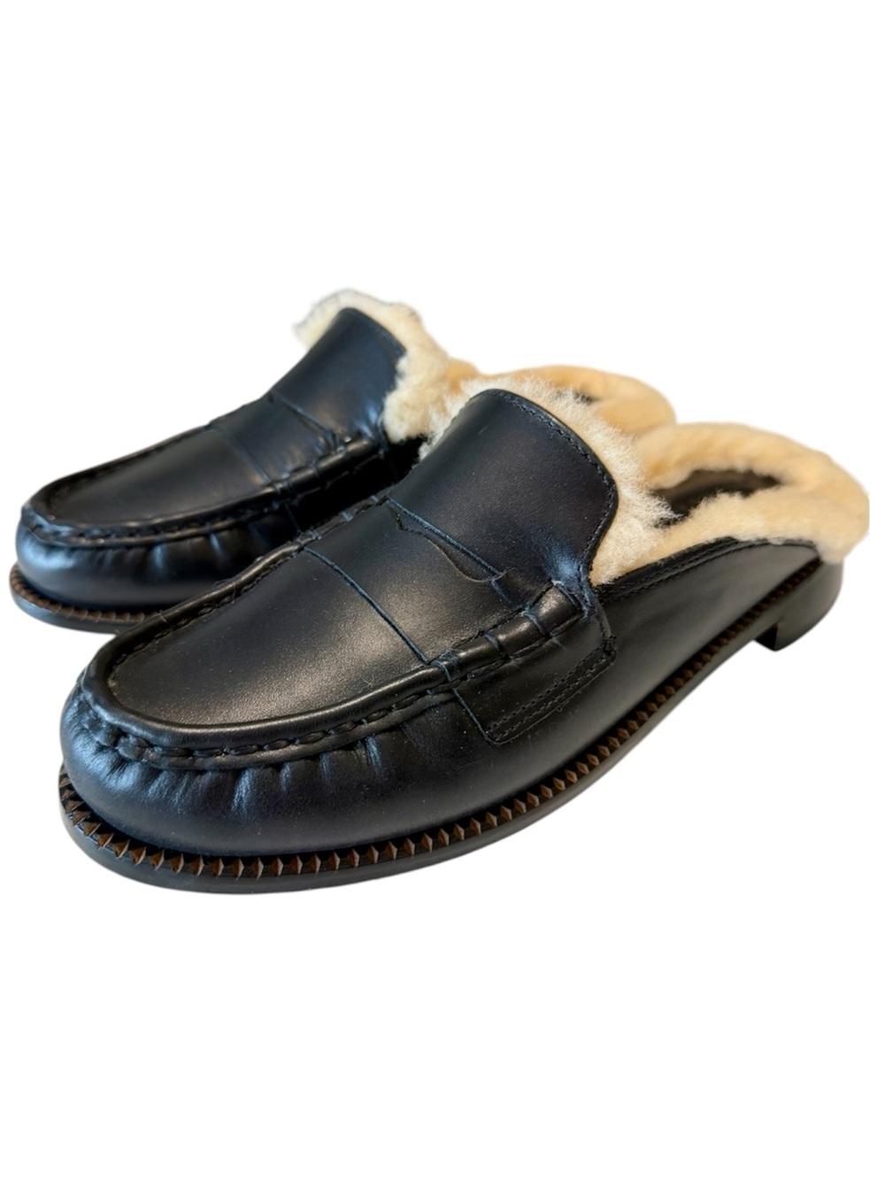 Freda Salvador Temi Shearling Penny Loafer Mules Black Leather Sz 8